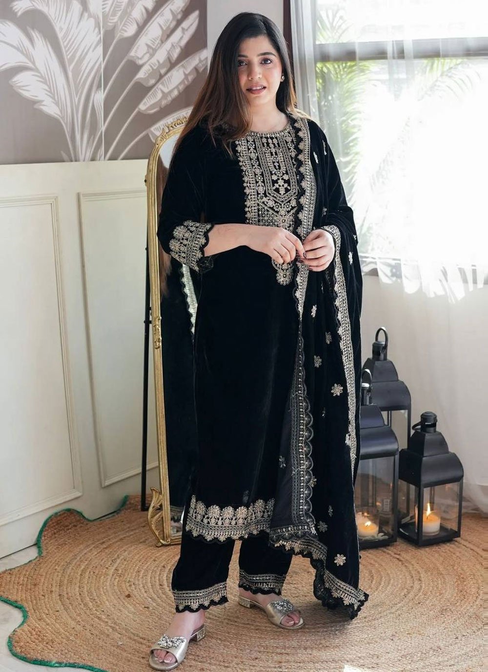 Buy Online Velvet Readymade Salwar Suit In Black 302809 - Main Image