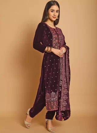 Velvet Trendy Suit with Resham Thread and Sequins Work
