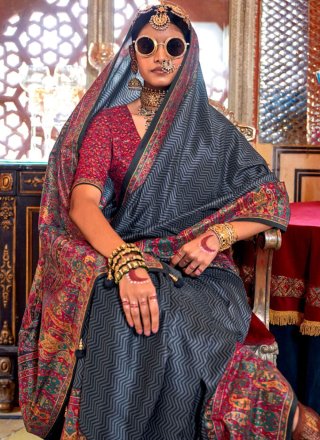 Versatile Blue and Grey Silk Contemporary Sari with Print Work