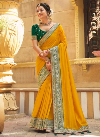 Vichitra Silk Classic Saree In Yellow