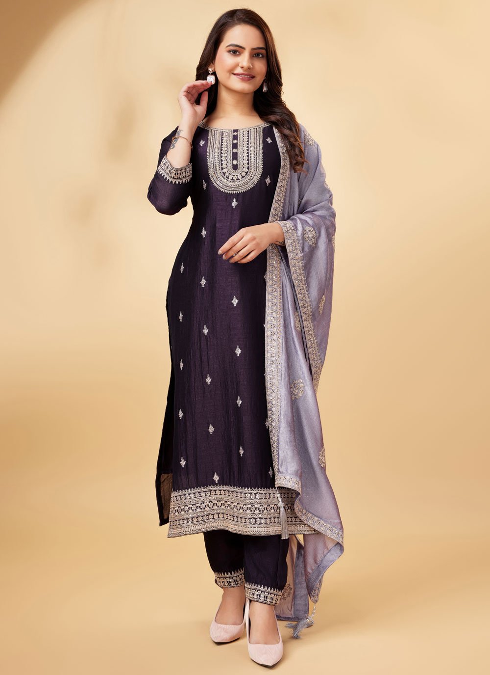 Vichitra Silk Salwar Suit with Cord, Embroidered and Sequins Work