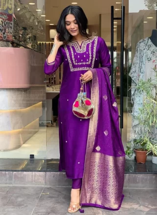 Violet Chanderi Embroidered Work Readymade Salwar Suit