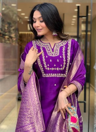 Violet Chanderi Embroidered Work Readymade Salwar Suit