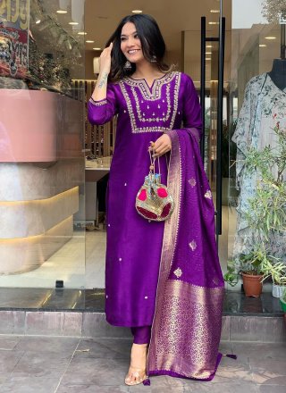 Violet Chanderi Embroidered Work Readymade Salwar Suit