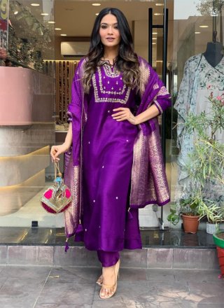 Violet Chanderi Embroidered Work Readymade Salwar Suit