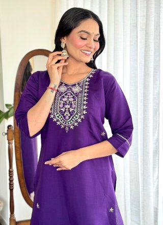 Violet Chanderi Pant Style Suit with Embroidered and Print Work for Casual
