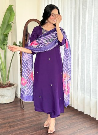 Violet Chanderi Pant Style Suit with Embroidered and Print Work for Casual