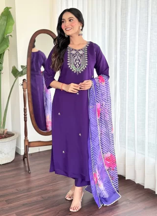 Violet Chanderi Pant Style Suit with Embroidered and Print Work for Casual