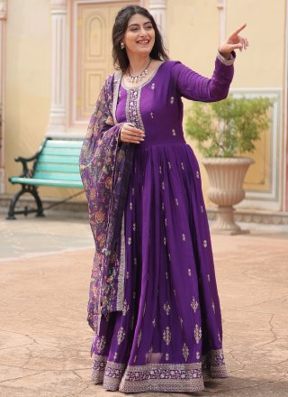 Violet Chinon Embroidered and Sequins Work  Designer Gown for Ceremonial