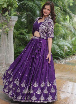 Violet Chinon Readymade Lehenga Choli with Embroidered and Sequins Work