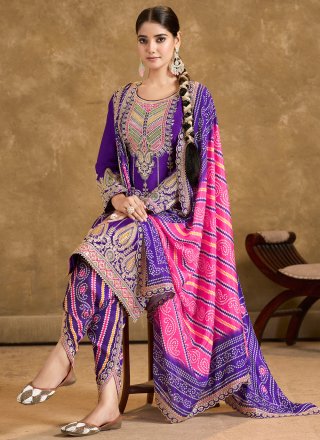 Violet Chinon Salwar Suit with Embroidered, Mirror, Sequins and Zari Work for Ceremonial