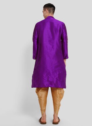Violet Dupion Silk Dhoti Kurta with Print Work for Men