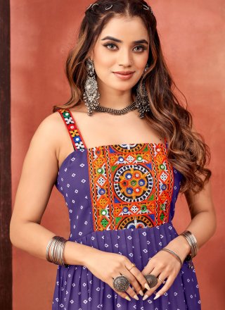Violet Faux Georgette Gown with Fancy, Mirror and Print Work