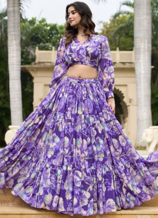 Violet Faux Georgette Readymade Lehenga Choli with Floral Patch Work for Women