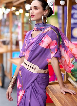 Violet Georgette Print Work Designer Sari for Casual