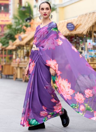 Violet Georgette Print Work Designer Sari for Casual