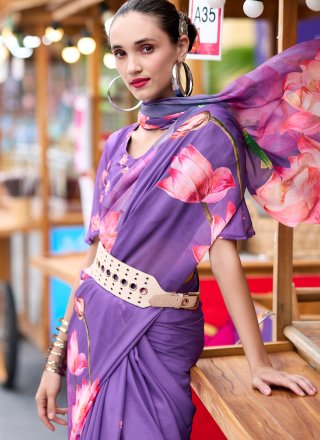 Violet Georgette Print Work Designer Sari for Casual