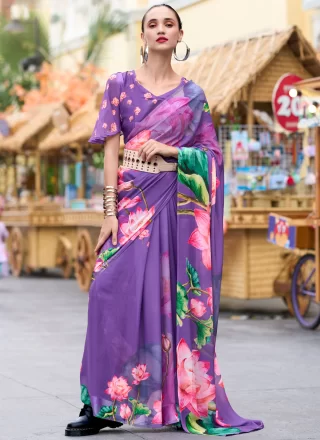 Violet Georgette Print Work Designer Sari for Casual