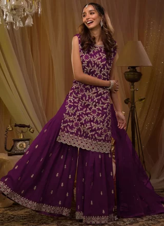 Violet Georgette Salwar Suit with Embroidered Work for Ceremonial