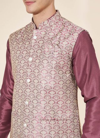 Violet Jacquard and Plain Work Pure Silk Kurta Payjama with Jacket