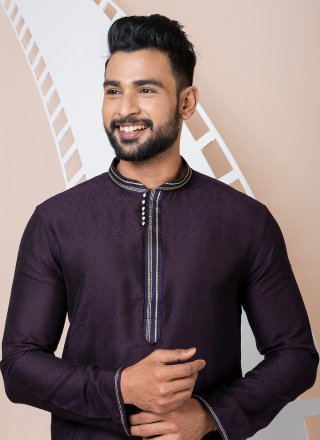 Violet Jacquard Kurta Pyjama with Print Work for Men