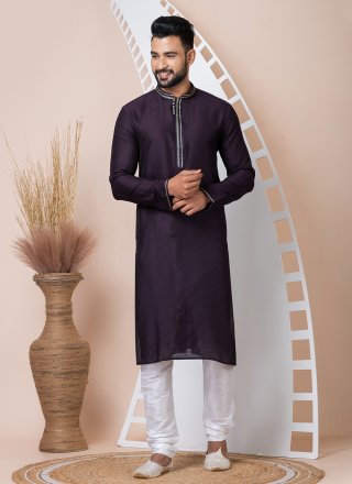 Violet Jacquard Kurta Pyjama with Print Work for Men
