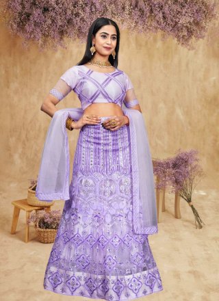 Violet Net A - Line Lehenga Choli with Embroidered and Sequins Work
