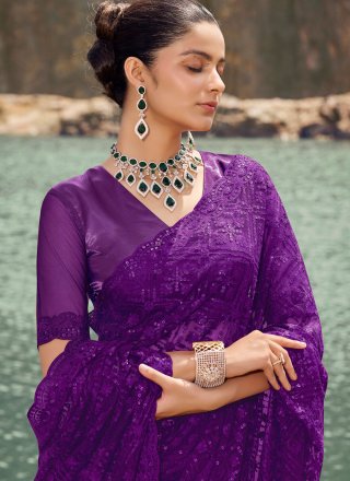 Violet Net Classic Sari with Sequins and Thread Work
