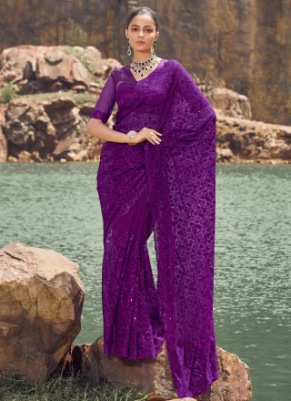 Violet Net Classic Sari with Sequins and Thread Work