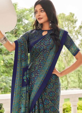 Violet Pure Crepe Print Work Trendy Saree