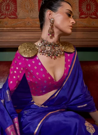 Violet Satin Classic Sari with Weaving Work for Women