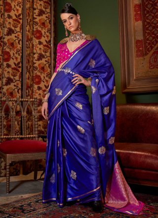Violet Satin Classic Sari with Weaving Work for Women