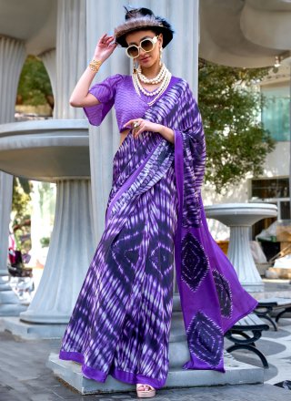 Violet Satin Print Work Traditional Saree