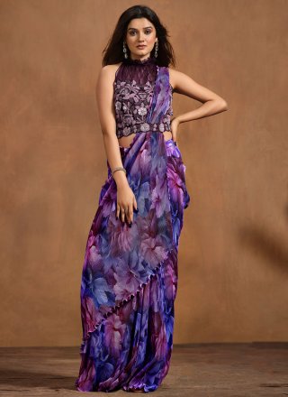 Violet Satin Silk Designer Saree with Digital Print Work