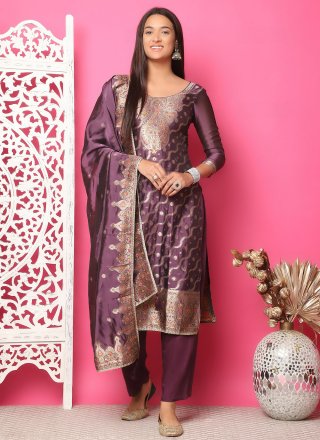 Violet Silk Jacquard Work Pant Style Suit for Casual