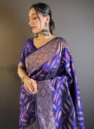Violet Silk Woven and Zari Work Classic Saree