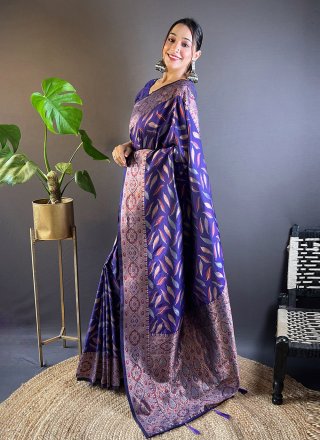 Violet Silk Woven and Zari Work Classic Saree