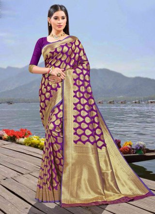 Kowshiki Couture - Attractive violet and golden yellow half saree with  heavy border to be a dazzling diva on your wedding! @kowshiki_couture  presents the best curated collection of bridal lehengas. Get lovely