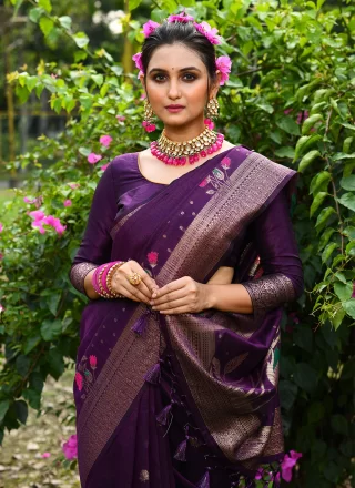 Violet Tussar Silk Meenakari and Woven Work Classic Sari