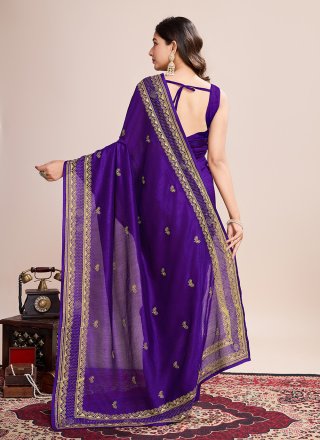 Violet Vichitra Silk Classic Saree with Embroidered Work