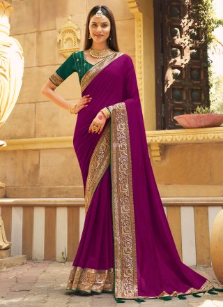 Violet Vichitra Silk Contemporary Saree with Embroidered Work
