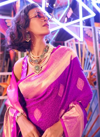 Violet Weaving Work Handloom Silk Trendy Saree