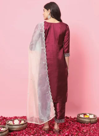 Vivacious Maroon Silk Blend Salwar Suit with Embroidered Work