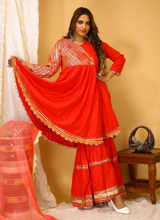 Vivacious Red Rayon Readymade Salwar Suit with Gota Work