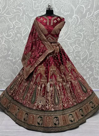 Vivid Maroon Velvet Lehenga Choli with Diamond, Dori, Embroidered, Patch Border, Sequins, Thread and Zari Work