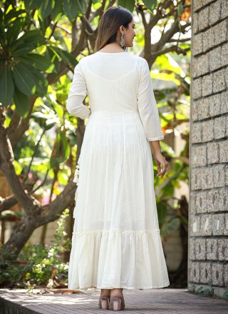 Voguish White Cotton Indian Gown with Embroidered and Mirror Work