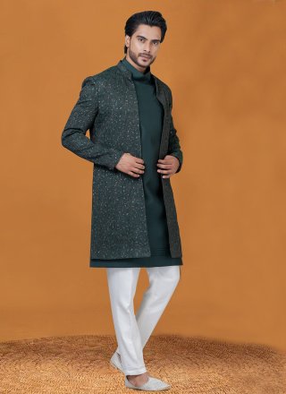 Voluptuous Green Jacquard Silk Indo Western with Jacquard Work