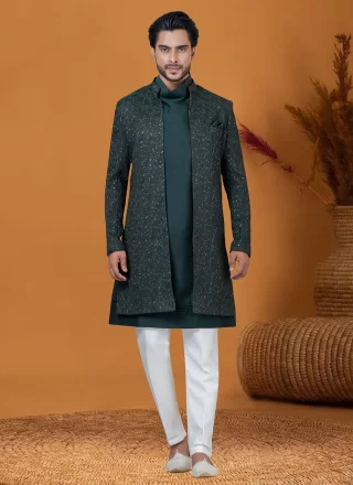 Voluptuous Green Jacquard Silk Indo Western with Jacquard Work