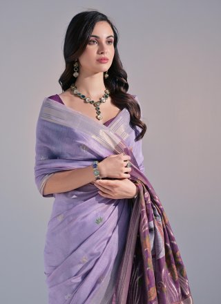 Weaving and Zari Work Cotton Traditional Saree In Lavender for Ceremonial