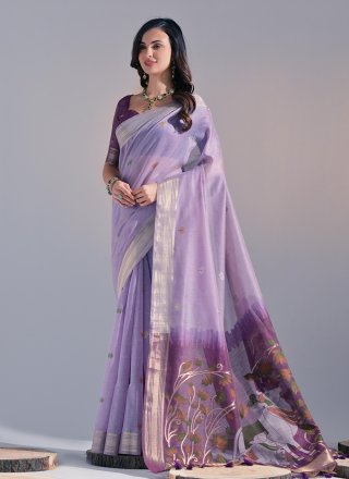 Weaving and Zari Work Cotton Traditional Saree In Lavender for Ceremonial